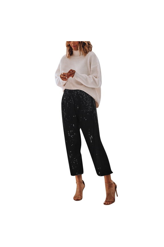 Women's Sequins Sparkle Pants Straight Leg Elastic Waist Solid Color Pants Party Club Comfort Trousers