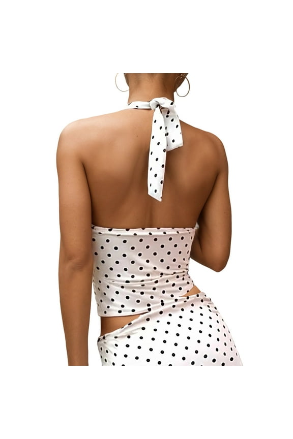 Women's Sexy Camisole Backless Self Tie Halter Polka Dot Crop Top Night Out Date Sleeveless Deep V Neck Summer Cami Shirt Cozy Tops