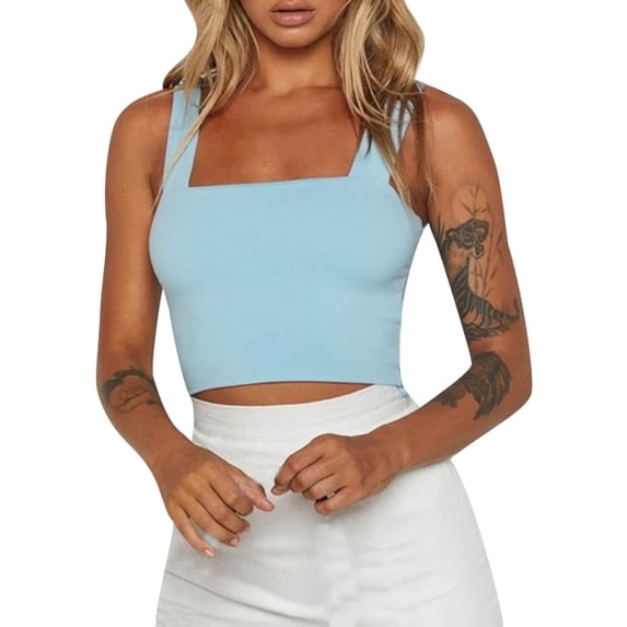 DHFJKG Women's Sexy Crop Tank Top Square Neck Wide Straps Tight Solid Color Basic Cami Shirts Summer Night Out Club Party Wear Soft Tops
