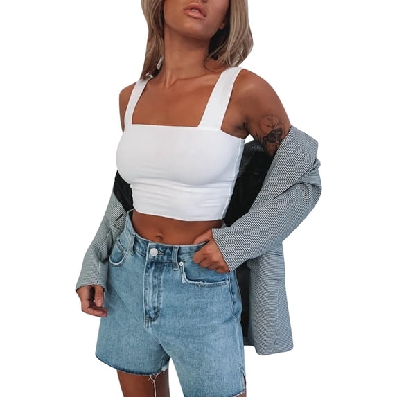 DHFJKG Women's Sexy Crop Tank Top Square Neck Wide Straps Tight Solid Color Basic Cami Shirts Summer Night Out Club Party Wear Trendy Tops