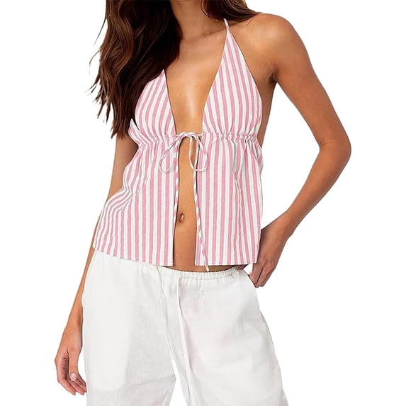 DHFJKG Women's Sexy Halter Backless Tank Top Striped Deep V Neck Lace Up Crop Cami Shirts Summer Beach Vacation Clothes Stylish Tops