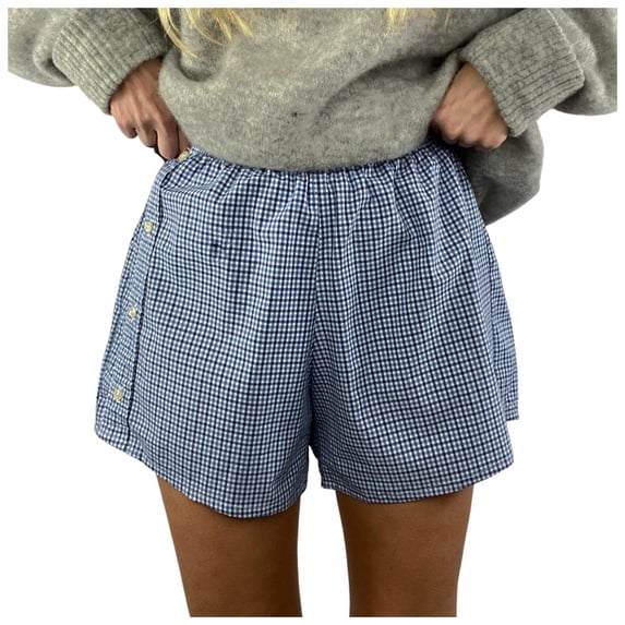 DHFJKG Women's Shorts Summer Casual Beach Bottoms High Waisted Plaid Side Button Elastic Waist Loose Fit Loungewear Shorts Trendy Trousers