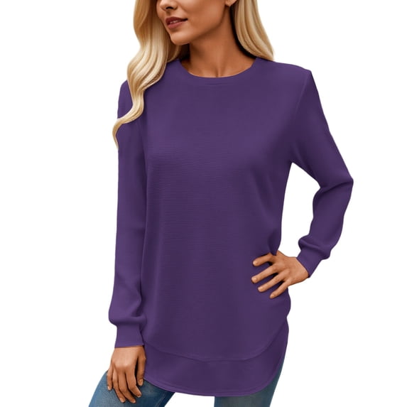 DHFJKG Women's Solid Color Pullover Curved-Hem Crewneck Long Sleeve Sweatshirt Soft Casual Loose Fit Comfortable Fall Winter Fashion For Ladies Cozy Tops