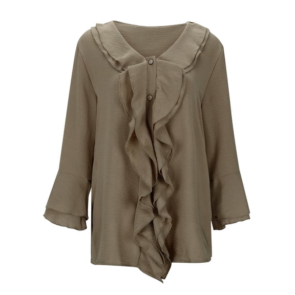 DHFJKG Women's Solid Color Shirts V Neck Flying Sleeve Ruffle Edge Button Cardigan Long Sleeve Top Relaxed Fit Versatile Tops