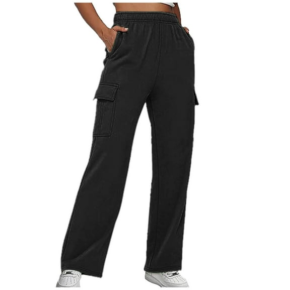 DHFJKG Women's Solid Color Sweatpants Wide Leg Loose Fit Elastic Waist With Multi Pockets Pants Cozy Trousers
