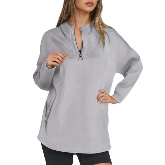 DHFJKG Women's Solid Color Sweatshirts Quarter Zip Loose Fit Long Sleeve Round Neck Pullover For Fall Winter Trendy Tops