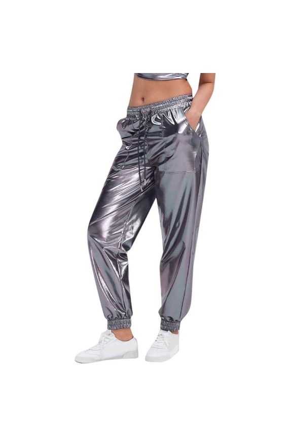 Women's Sparkly Leather Pants Loose Fit Plus Size Sports Style Elastic Drawstring Ankle-Tied Pants Leisure Trousers