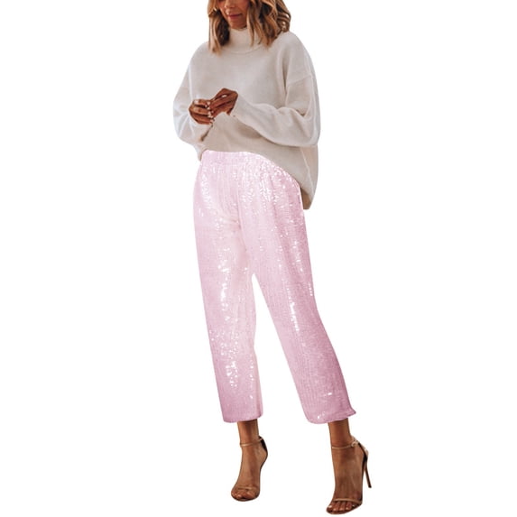 DHFJKG Women's Sparkly Sequins Pants Straight Leg Elastic Waist Solid Color Pants Party Night Club Cozy Trousers
