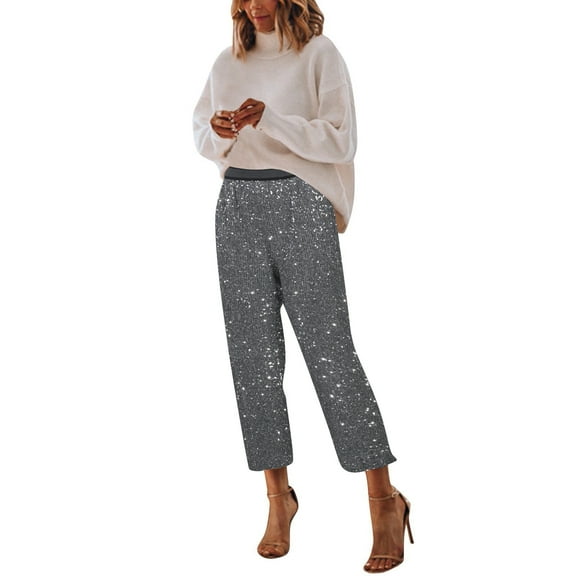 DHFJKG Women's Sparkly Sequins Pants Straight Leg Elastic Waist Solid Color Pants Party Night Club Versatile Trousers