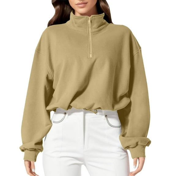 DHFJKG Women's Sports Half-Zip Crop Top Pullover Solid Color Loose Fit Stand Collar Long Sleeve Drop Shoulder Cropped Sweatshirt Relaxed Fit Tops