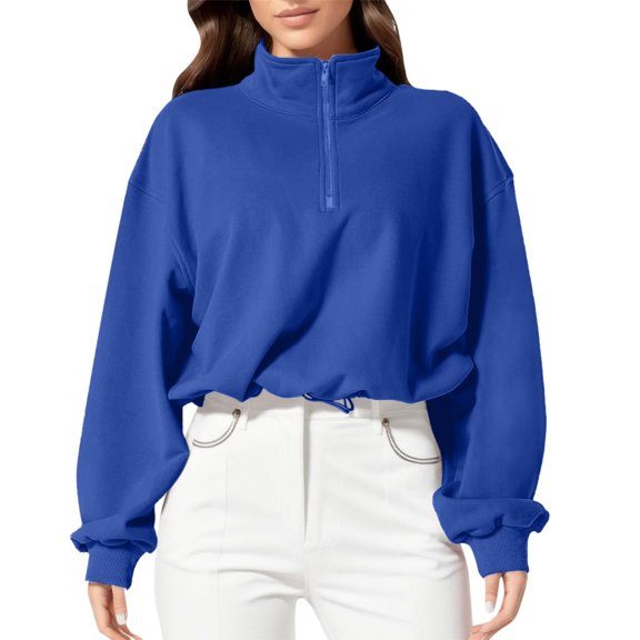 DHFJKG Women's Sports Half-Zip Crop Top Pullover Solid Color Loose Fit Stand Collar Long Sleeve Drop Shoulder Cropped Sweatshirt Trendy Tops