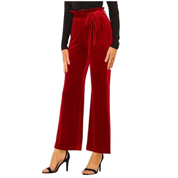 DHFJKG Women's Straight Leg Velet Pants High Waist Loose Fit Solid Color Elastic Waist Autumn Winter Fuzzy Casual Pants For Commuting Soft Cozy Trousers
