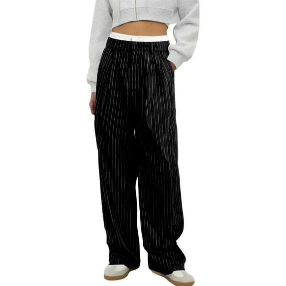 DHFJKG Women's Striped Casual Suit Pants High Waisted Patchwork Straight Leg Relaxed Fit Pant With Pockets Comfort Trousers