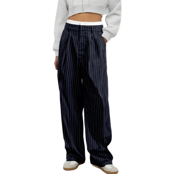 DHFJKG Women's Striped Casual Suit Pants High Waisted Patchwork Straight Leg Relaxed Fit Pant With Pockets Leisure Trousers