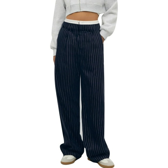 DHFJKG Women's Striped Casual Suit Pants High Waisted Patchwork Straight Leg Relaxed Fit Pant With Pockets Leisure Trousers