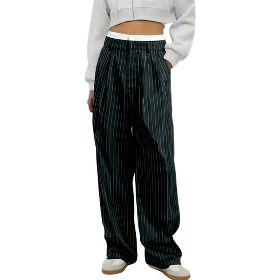 DHFJKG Women's Striped Casual Suit Pants High Waisted Patchwork Straight Leg Relaxed Fit Pant With Pockets Leisure Trousers