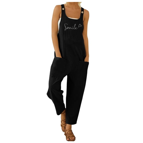 DHFJKG Women's Summer Bib Overalls Casual Letter Print Loose Fit Straight Leg Pants One Piece Jumpsuit With Pockets Beach Travel Outfit Versatile Onesie