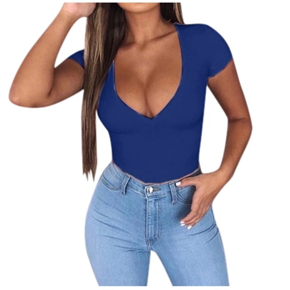 DHFJKG Women's Summer Deep V Neck T Shirts Sexy Low Cut Short Sleeve Solid Color Tight Shirts Going Out Clubwear Soft Tops