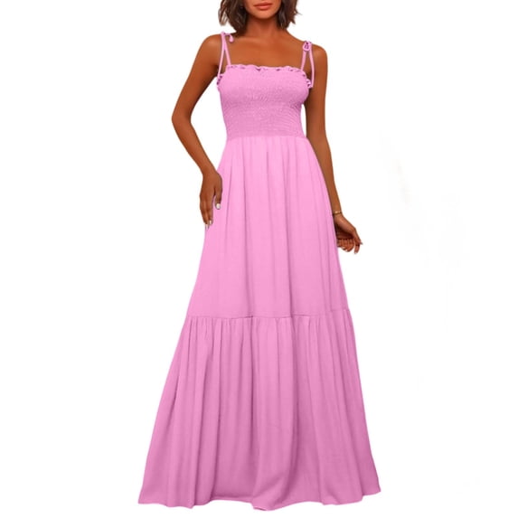 DHFJKG Women's Summer Dress Smocked Cami Spaghetti Strap A Line Maxi Dress Fashion Beach Vacation Clothes Cozy Dresses