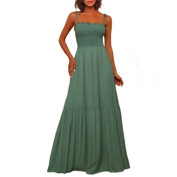 DHFJKG Women's Summer Dress Smocked Cami Spaghetti Strap A Line Maxi Dress Fashion Beach Vacation Clothes Stylish Dresses