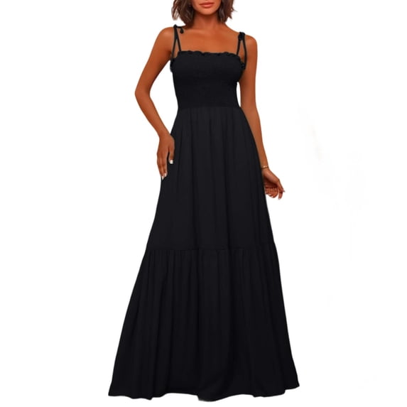 DHFJKG Women's Summer Dress Smocked Cami Spaghetti Strap A Line Maxi Dress Fashion Beach Vacation Clothes Versatile Dresses