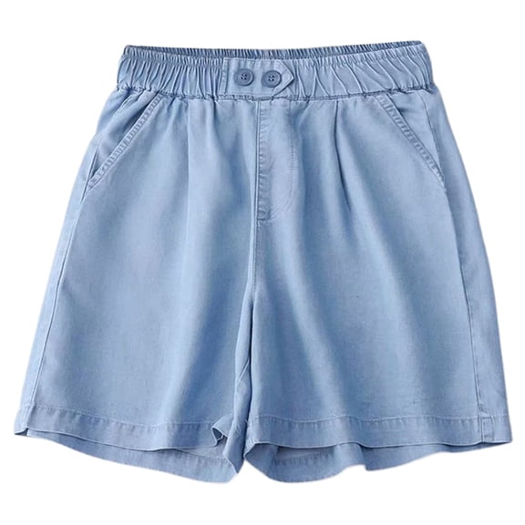 DHFJKG Women's Summer Jean Shorts Loose Fit High Rise Elastic Waist Wide Leg Denim Shorts With Pockets Solid Color Trendy Bottoms