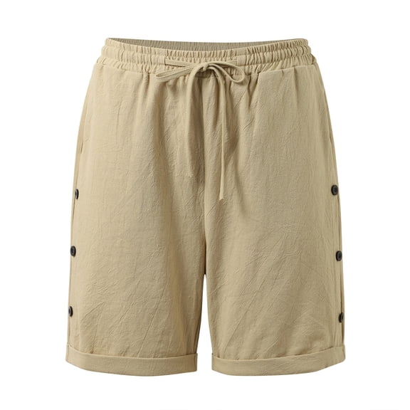 DHFJKG Women's Summer Linen Shorts Breathable Solid Color Elastic Drawstring Waist Loose Fit Straight Leg Side Button Design Casual Beach Shorts With Pockets Versatile Bottoms