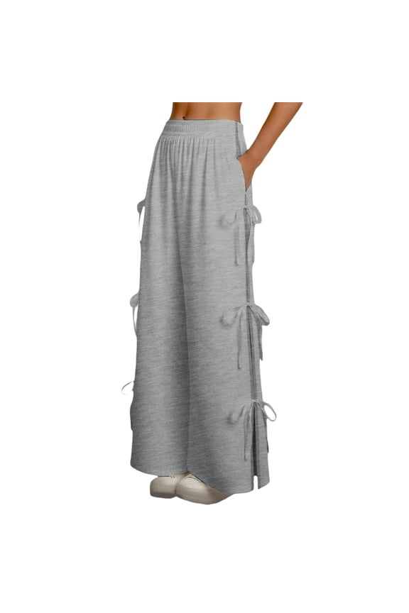 Women's Sweat Pants Wide Leg High Rise With Bow Design Solid Color Elastic Waist Summer Casual Daily Wear Trendy Trousers