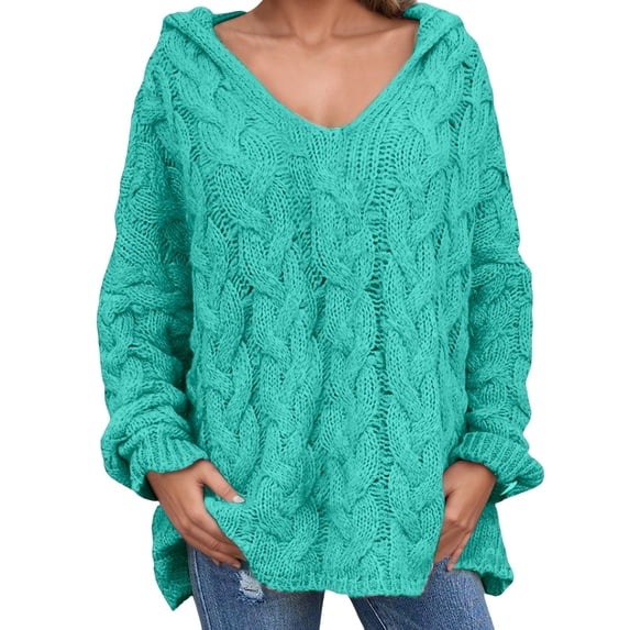 DHFJKG Women's Sweaters Hoodies Knit Jacquard Oversized Deep V Neck Loong Sleeve Hooded Pullover Sweater Solid Color Casual Jumper Tops