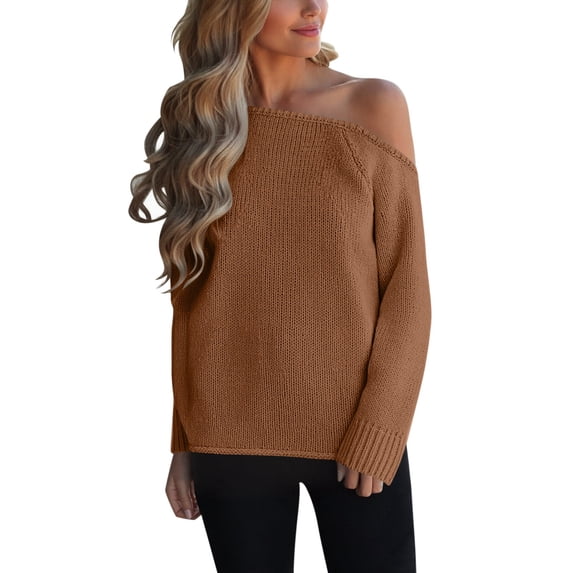 DHFJKG Women's Sweaters Off Shoulder Loose Fit Long Sleeve Solid Color Knitted Top For Fall Winter Fashion Stylish Cozy Jumper Tops