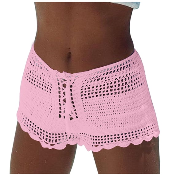 DHFJKG Women's Swimsuit Cover Up Crochet Shorts Summer Solid Color Sexy Hollow Out Drawstring Boho Beach Shorts Coverups