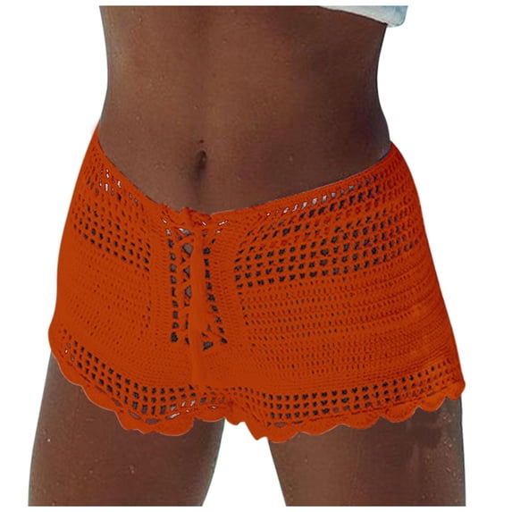 DHFJKG Women's Swimsuit Cover Up Crochet Shorts Summer Solid Color Sexy Hollow Out Drawstring Boho Beach Shorts Coverups