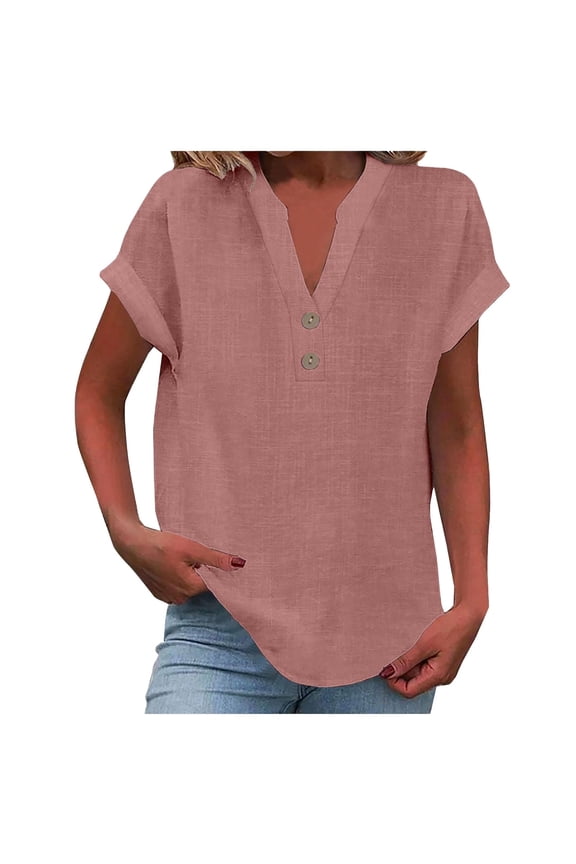 Women's T-Shirts Summer Loose Fit Solid Color V-Neck Roll Up Sleeve Buttons Placket Top Curved Hem Flowy Trendy Tee