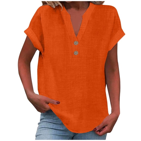 DHFJKG Women's T-Shirts Summer Loose Fit Solid Color V Neck Rolled Short Sleeve Top Curved Hem Flowy Stylish Tee