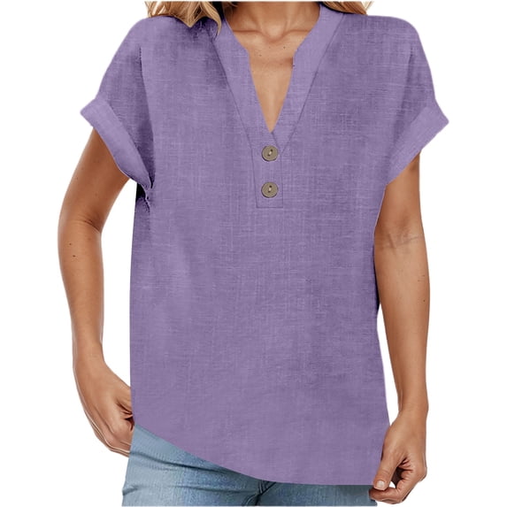 DHFJKG Women's T-Shirts Summer Loose Fit Solid Color V Neck Rolled Short Sleeve Top Curved Hem Flowy Versatile Tee