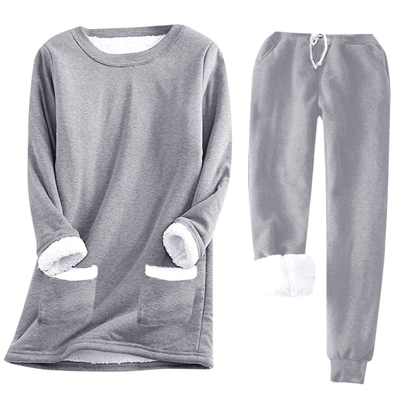 DHFJKG Women's Thermal Outfits Sweatshirt Set With Thick Fuzzy Lining Mid-Length Solid Color Loose Fit Tops Ankle-Tied Pants For Fall/Winter Versatile 2 Piece Sets