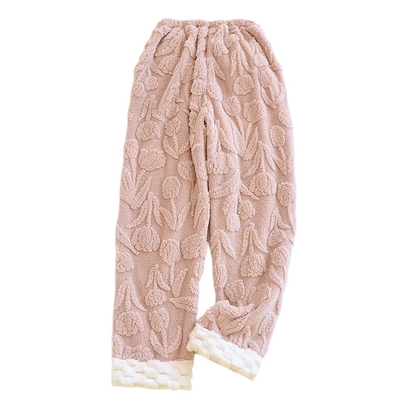 DHFJKG Women's Thick Fuzzy Pajamas Pants Floral Jacquard Loose Fit Elastic Waist Warm Pants With Pockets Homewear Comfort Trousers