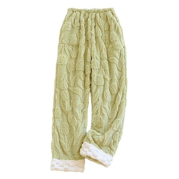 DHFJKG Women's Thick Fuzzy Pajamas Pants Floral Jacquard Loose Fit Elastic Waist Warm Pants With Pockets Homewear Soft Trousers