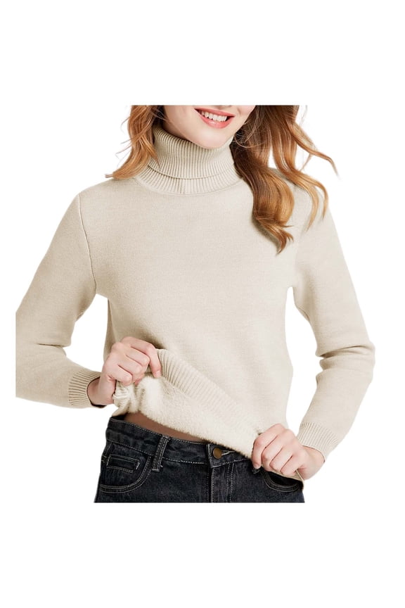 Women's Thick Turtleneck Sweaters Fuzzy Lining Slim Fit Solid Color Long Sleeve Knitwear Baselayer Top With Ribbing Edge For Autumn Winter Comfort Jumper Tops