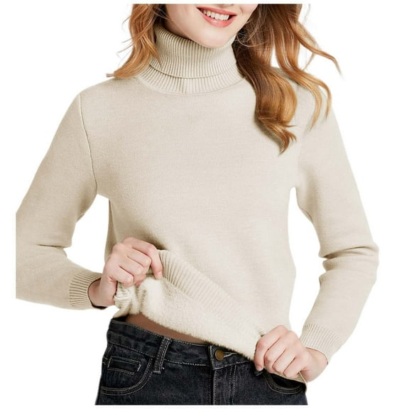 DHFJKG Women's Thick Turtleneck Sweaters Fuzzy Lining Slim Fit Solid Color Long Sleeve Knitwear Baselayer Top With Ribbing Edge For Autumn Winter Comfort Jumper Tops