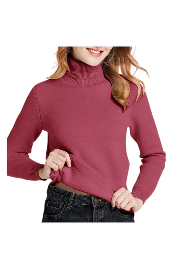 Women's Thick Turtleneck Sweaters Fuzzy Lining Slim Fit Solid Color Long Sleeve Knitwear Baselayer Top With Ribbing Edge For Autumn Winter Soft Jumper Tops