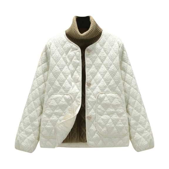 DHFJKG Women's Thickened Quilted Jacket Solid Color Long Sleeve Crewneck Button Up Outwear Casual Coat With Large Pockets Elegant Soft Outerwear