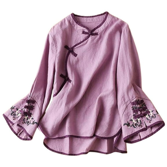 DHFJKG Women's Top Spring Retro Ethnic Style Slanted Collar Button-Up Floral Embroidery Loose Fit Long Sleeved Stylish Shirt Top