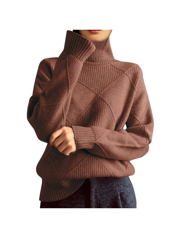 Women's Turtleneck Base Layer Sweater Fall Winter Loose Fit Long Sleeve Jacquard Knitted Trendy Pullover Comfort Jumper Tops
