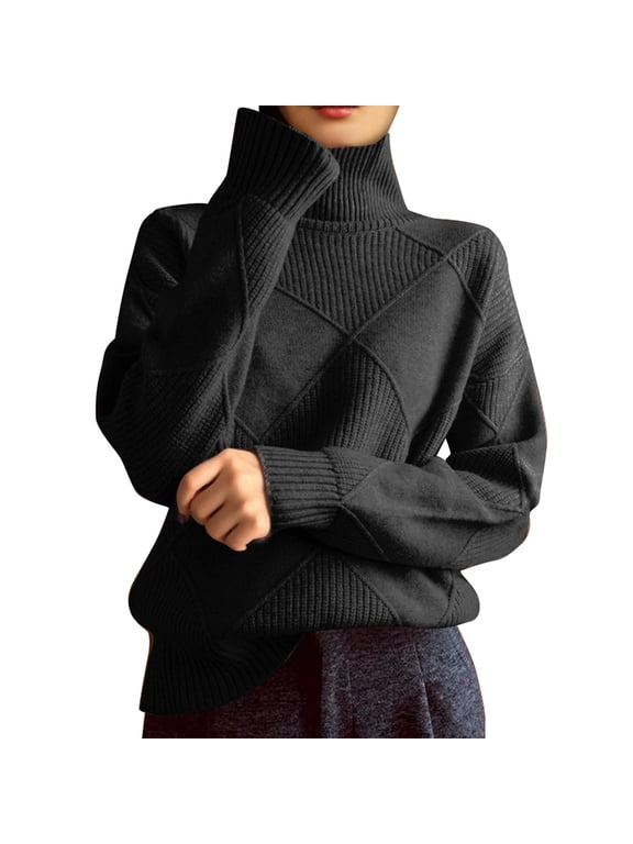 Women's Turtleneck Base Layer Sweater Fall Winter Loose Fit Long Sleeve Jacquard Knitted Trendy Pullover Soft Jumper Tops