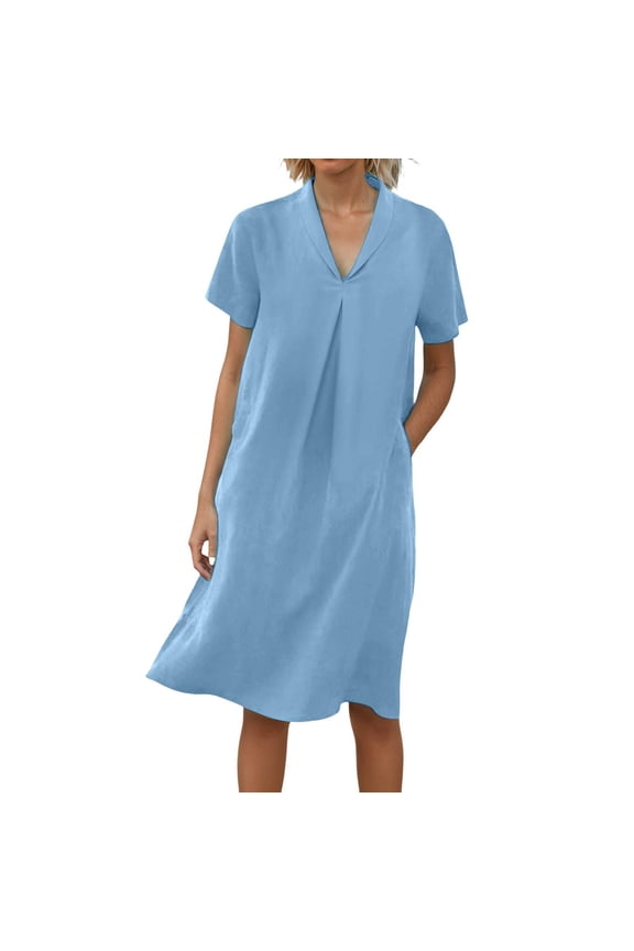 Women's V Neck Casual Dress Summer Beach Short Sleeve Comfortable Loose Fit Soft Lapel Midi Dress Linen Stylish Dresses