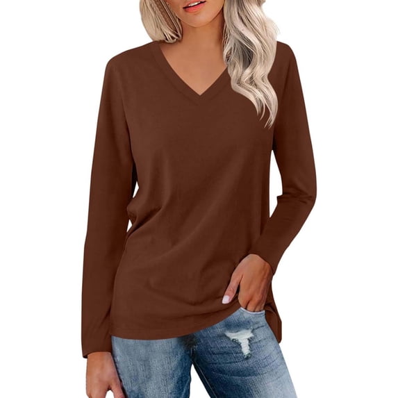 DHFJKG Women's V Neck Long Sleeve T Shirt Casual Workout Yoga Top Solid Color Loose Fit Basic Tee Spring Fall Versatile Tops