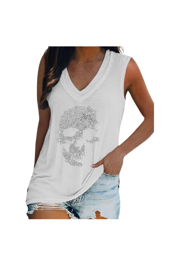 Women's V Neck Sleeveless Tank Top Rhinestone Skull Pattern Gothic Clothes Loose Fit Summer Tunic Stylish Tops