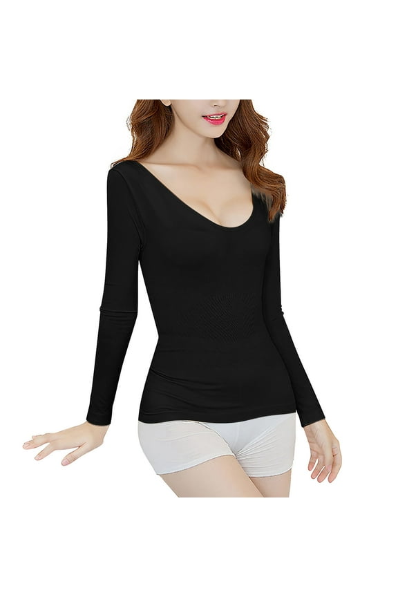 Women's V-Neck Thermal Tops Slim Fit Seamless Long Sleeve Bottoming Shirts Baselayer Pullover Fall Winter Comfort Jumper Tops