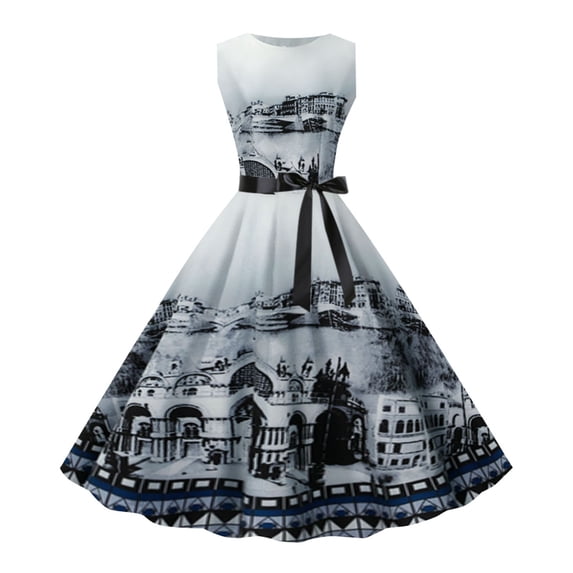 DHFJKG Women's Vintage Dress 1950s Retro Sleeveless Swing Party Dress Crewneck Flowy A Line Midi Belted Trendy Dresses